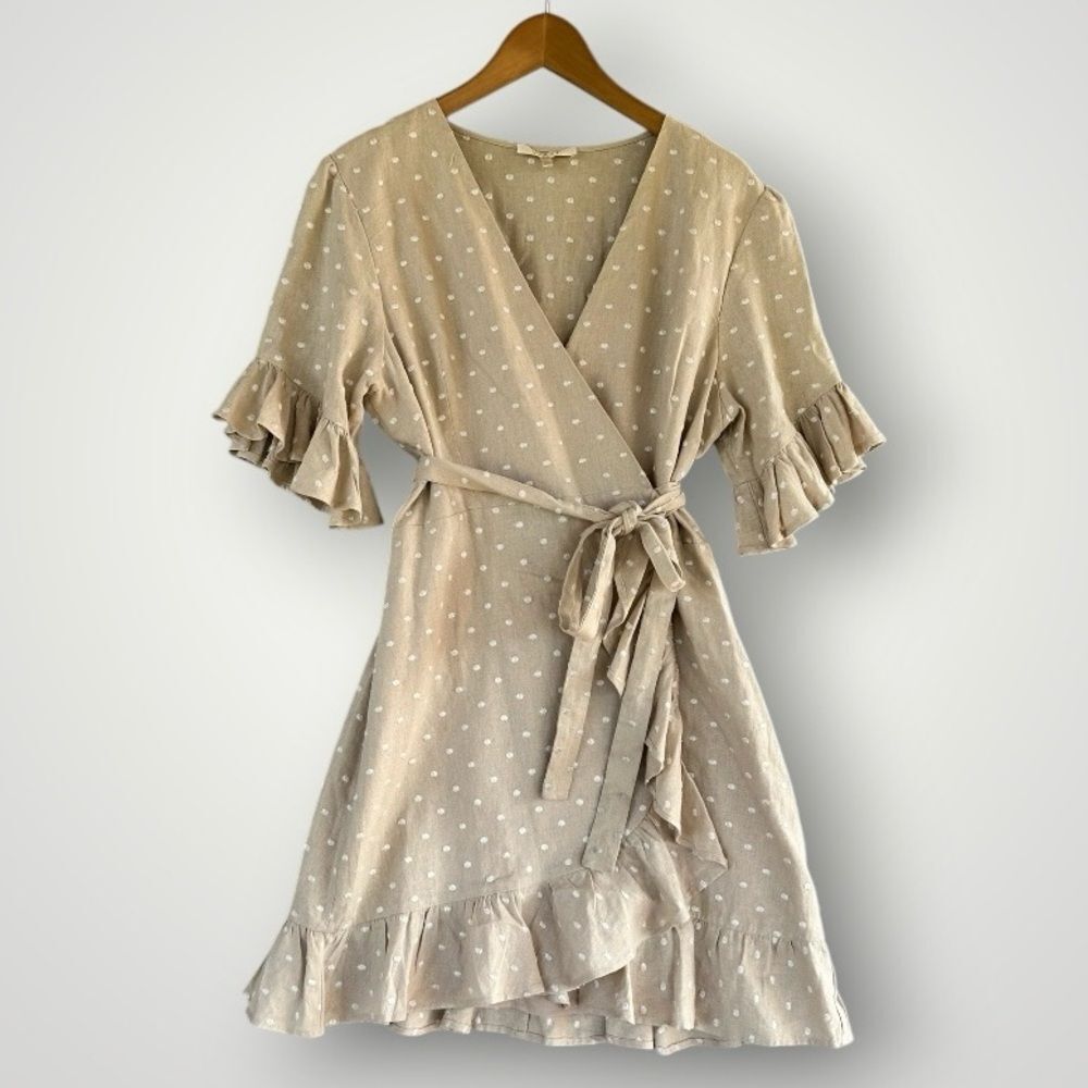 Beige Polka Dot Wrap Dress with Ruffle Sleeves